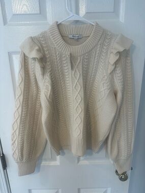 Madewell Cream Cable Ruffle-Shoulder Crewneck Sweater